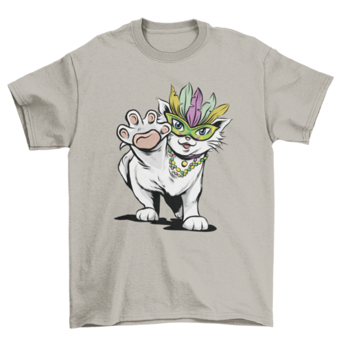 Mardi Gras festival kitten cat with mask and beads t-shirt