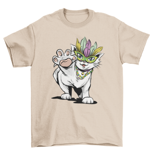 Mardi Gras festival kitten cat with mask and beads t-shirt