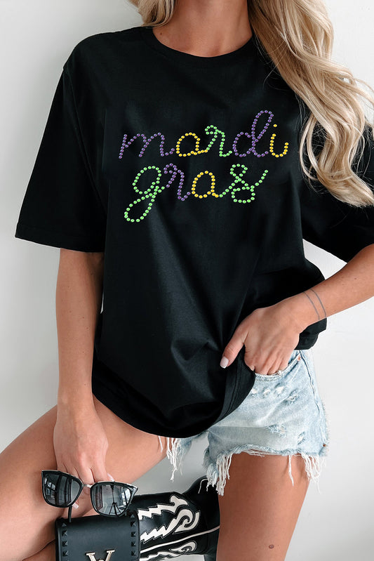 Black mardi gras Letter Print Casual Crewneck Tee