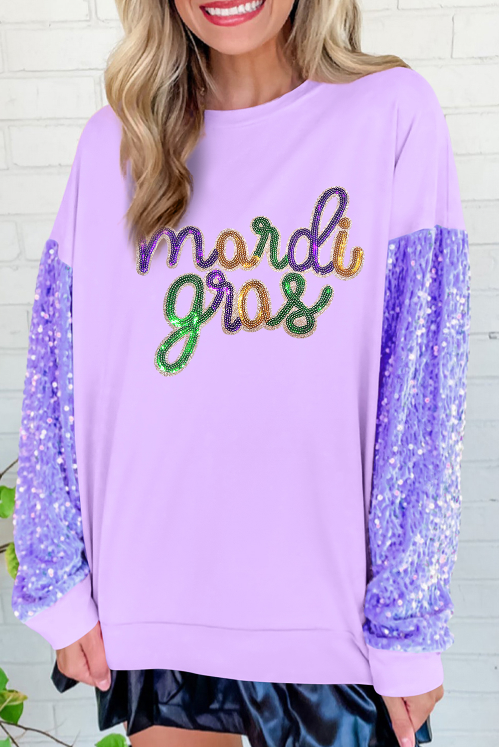 Orchid Petal mardi gras Graphic Sequin Patchwork Long Sleeve Top