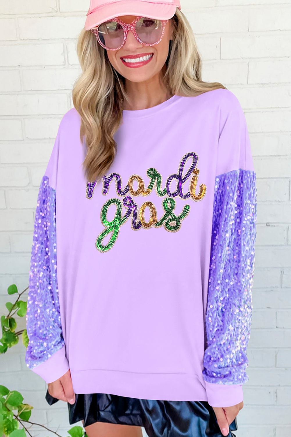 Orchid Petal mardi gras Graphic Sequin Patchwork Long Sleeve Top
