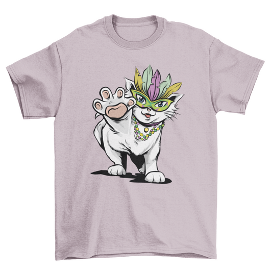 Mardi Gras festival kitten cat with mask and beads t-shirt